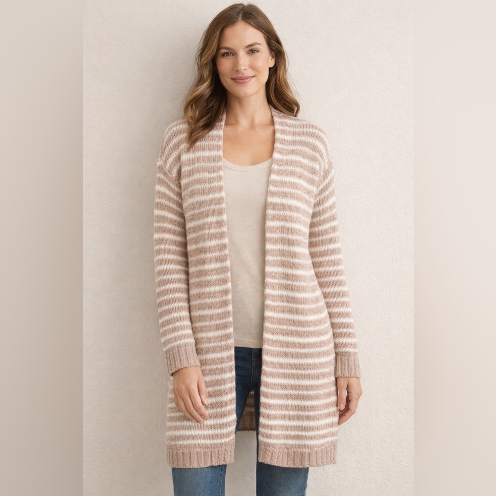 Soft Surroundings Lucie Striped Open Front Loose Knit Cardigan S coastal grandma